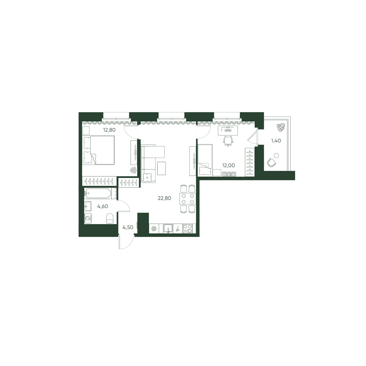 2-комнатная квартира  №146 в Моисеенко, 10: 58.1 м², этаж 5 - купить в Санкт-Петербурге