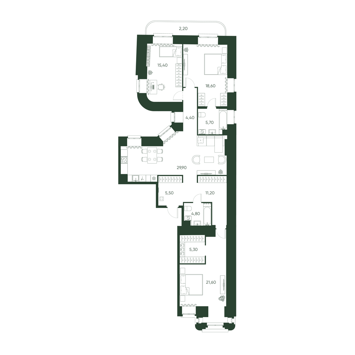 3-комнатная квартира  №13 в Цивилизация на Неве: 124.6 м², этаж 4 - купить в Санкт-Петербурге