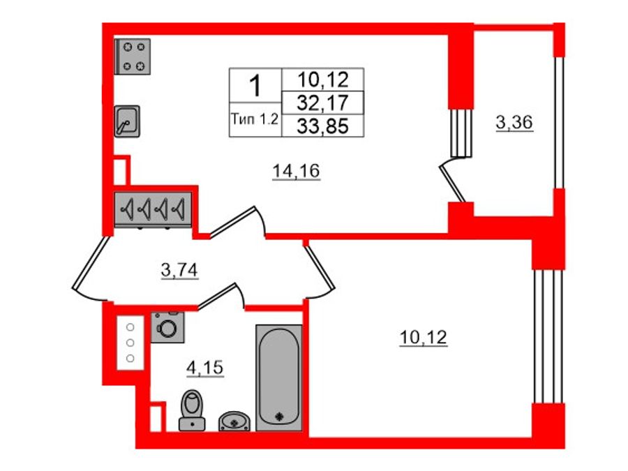 1-комнатная квартира, 32.17 м²; этаж: 15 - купить в Санкт-Петербурге