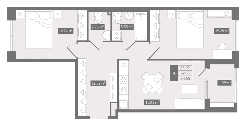 2-комнатная квартира, 64.68 м²; этаж: 2 - купить в Санкт-Петербурге