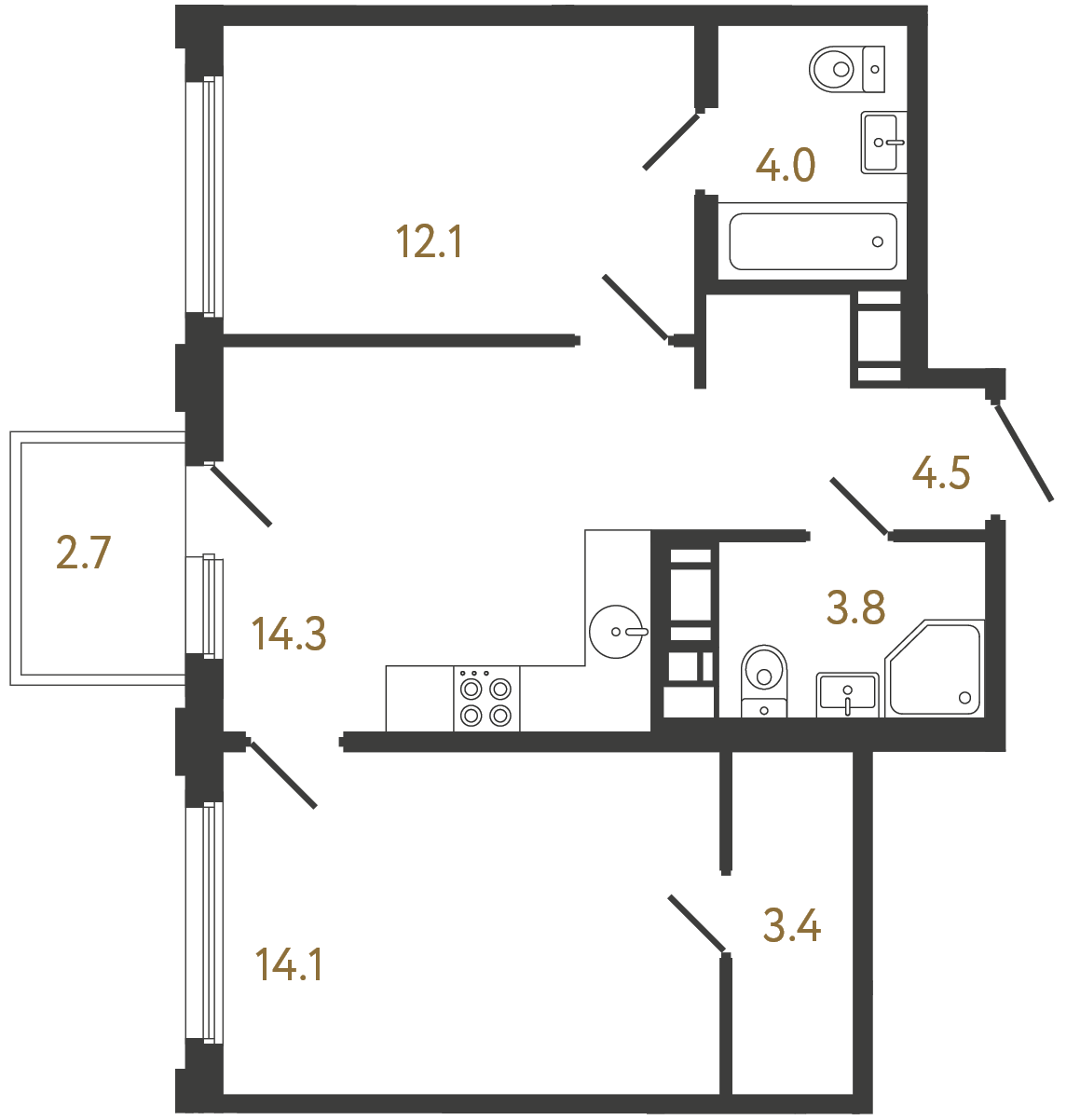 2-комнатная квартира  №847 в Гений: 56.2 м², этаж 11 - купить в Санкт-Петербурге