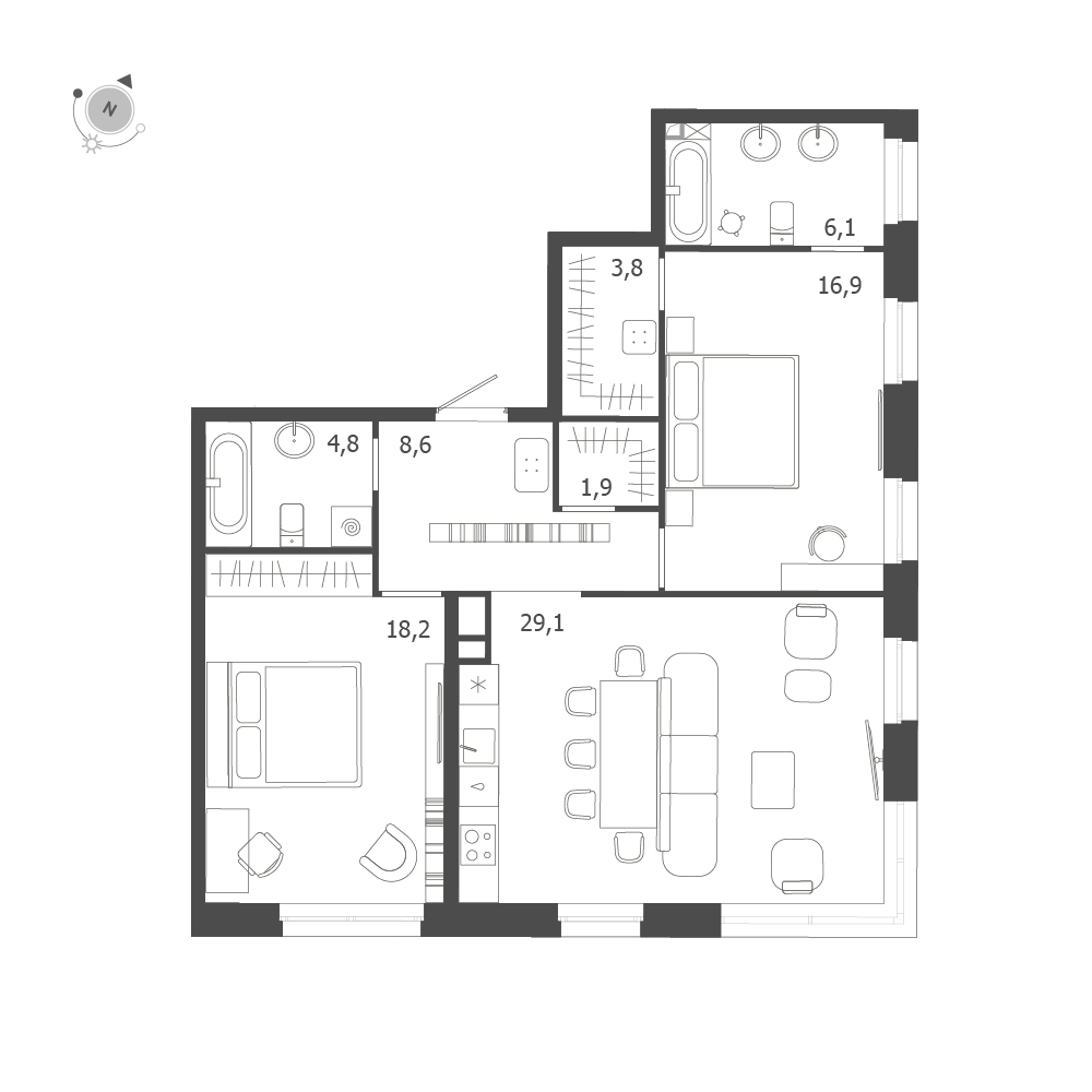 2-комнатная квартира  №212 в ЛДМ: 89.4 м², этаж 6 - купить в Санкт-Петербурге