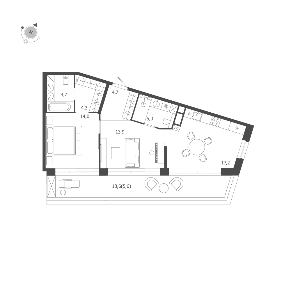 2-комнатная квартира  №308 в ЛДМ: 69.4 м², этаж 9 - купить в Санкт-Петербурге