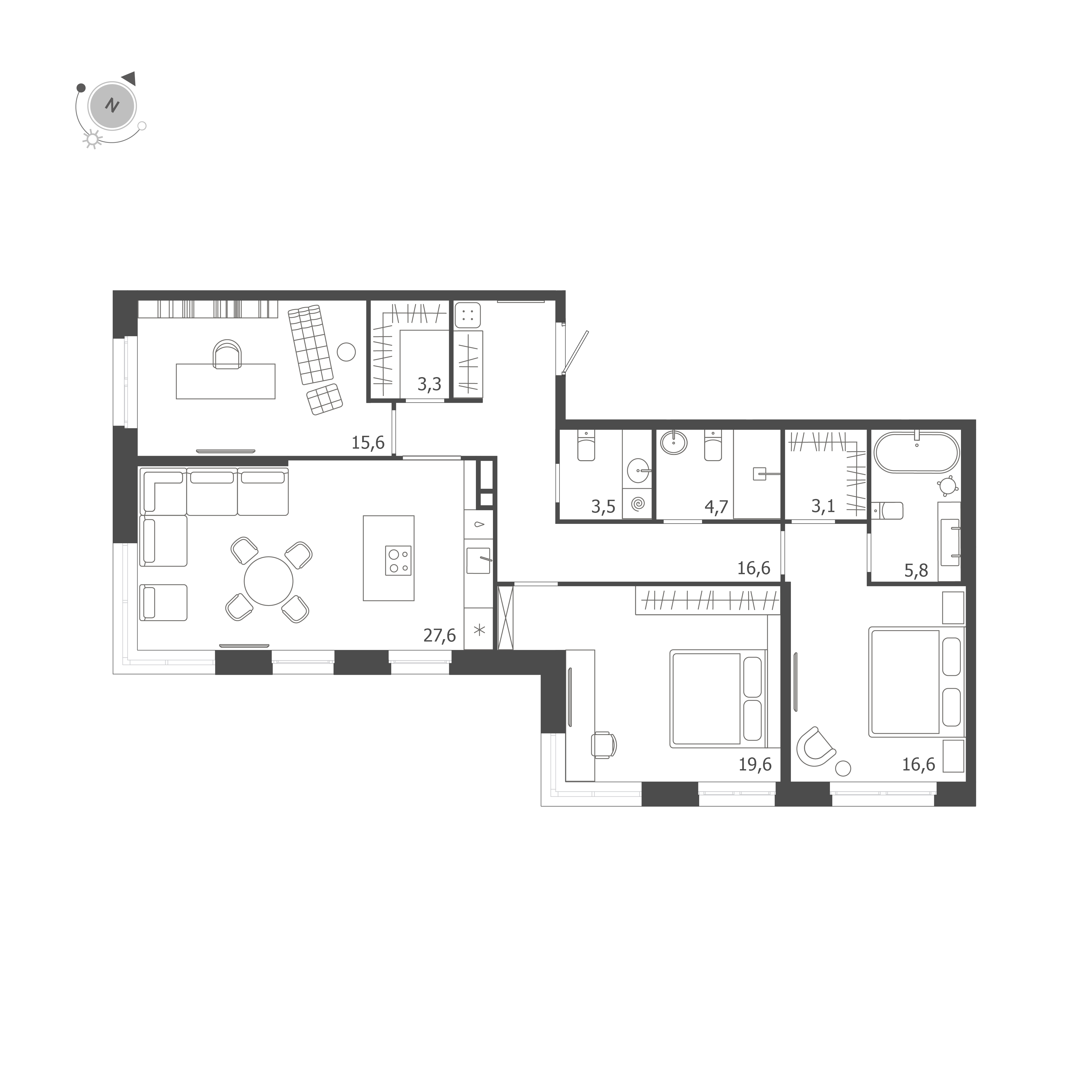 3-комнатная квартира  №433 в ЛДМ: 116.5 м², этаж 3 - купить в Санкт-Петербурге