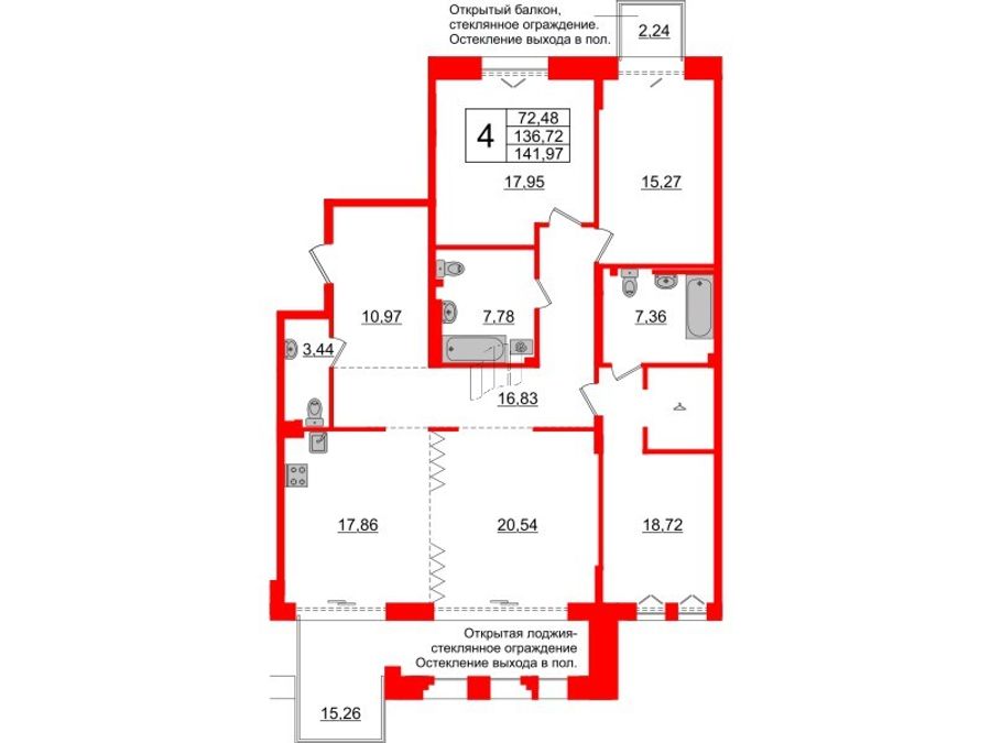 4-комнатная квартира № в: IMPERIAL CLUB: 136.72 м²; этаж: 4 - купить в Санкт-Петербурге