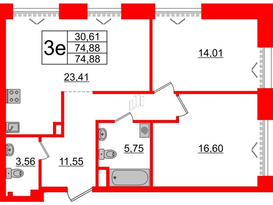 2-комнатная квартира, 74.88 м²; этаж: 4 - купить в Санкт-Петербурге