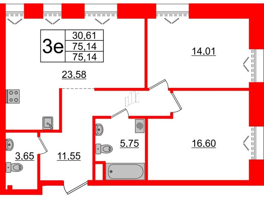 2-комнатная квартира, 75.14 м²; этаж: 2 - купить в Санкт-Петербурге