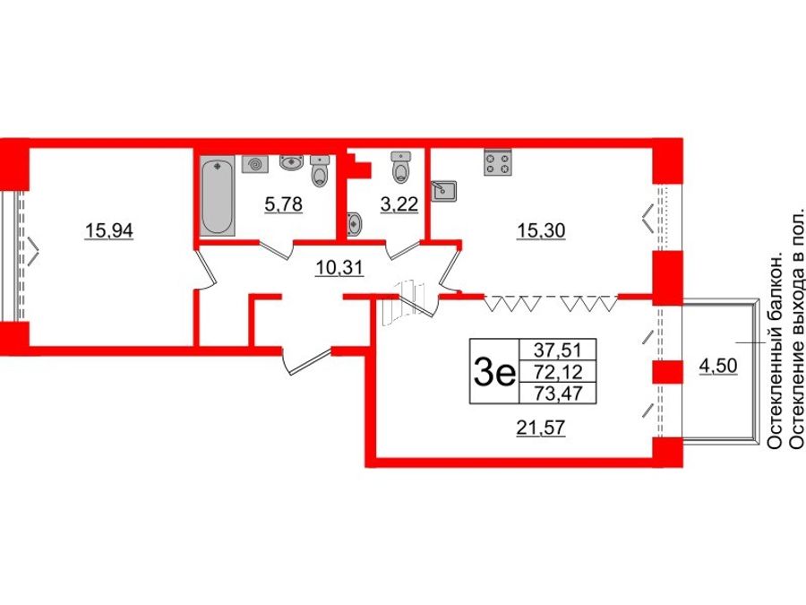 2-комнатная квартира № в: IMPERIAL CLUB: 72.12 м²; этаж: 3 - купить в Санкт-Петербурге