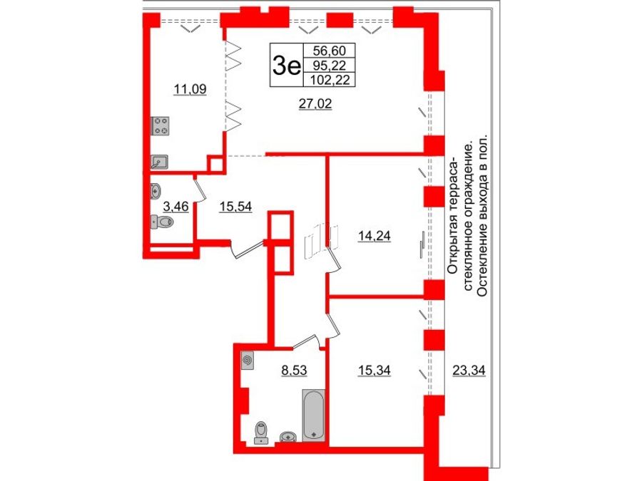 3-комнатная квартира  №66 в Imperial club: 95.22 м², этаж 6 - купить в Санкт-Петербурге