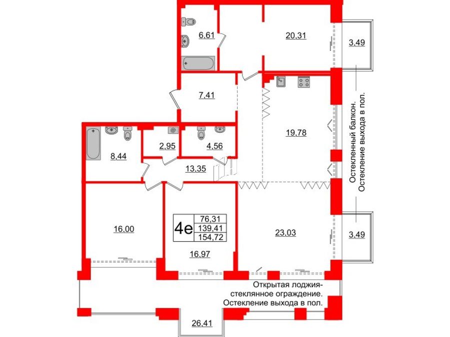 4-комнатная квартира № в: IMPERIAL CLUB: 139.41 м²; этаж: 3 - купить в Санкт-Петербурге