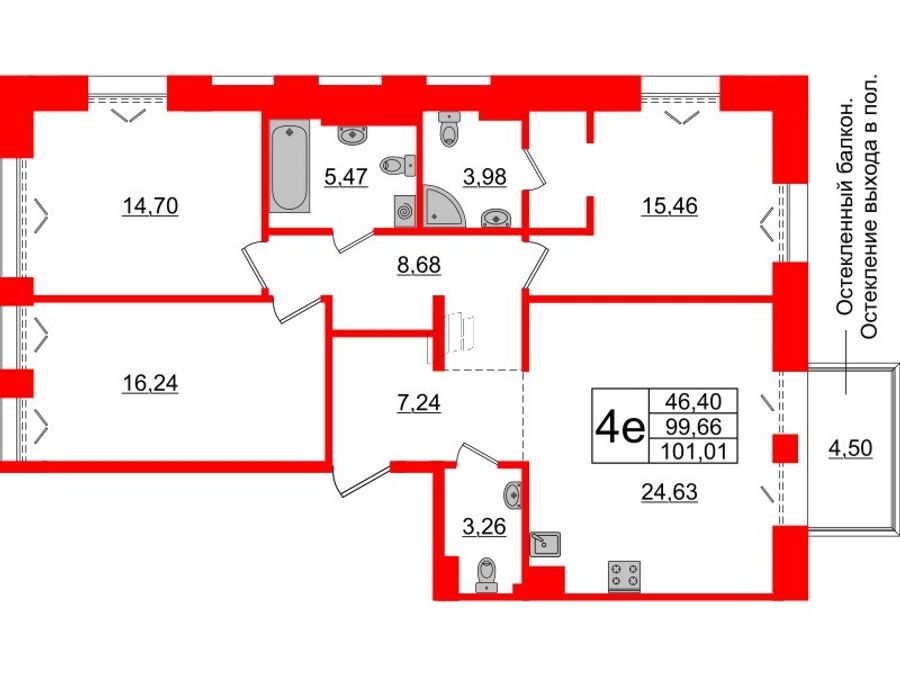 3-комнатная квартира № в: IMPERIAL CLUB: 99.66 м²; этаж: 6 - купить в Санкт-Петербурге