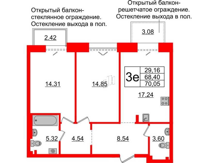 2-комнатная квартира, 68.4 м²; этаж: 3 - купить в Санкт-Петербурге