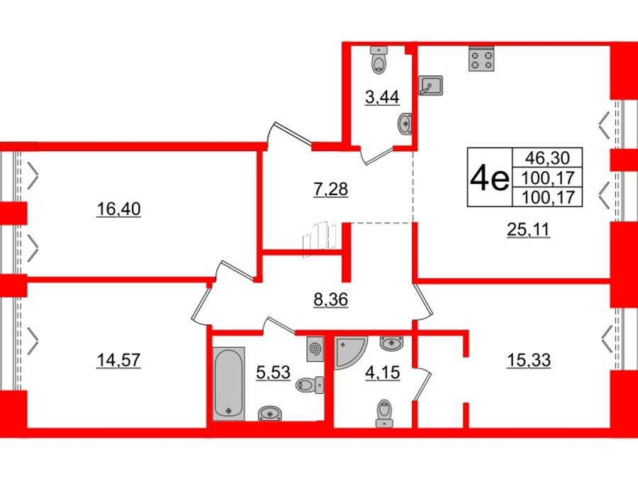 3-комнатная квартира, 100.17 м²; этаж: 2 - купить в Санкт-Петербурге