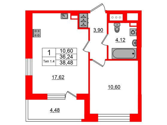 1-комнатная квартира, 36.24 м²; этаж: 12 - купить в Санкт-Петербурге