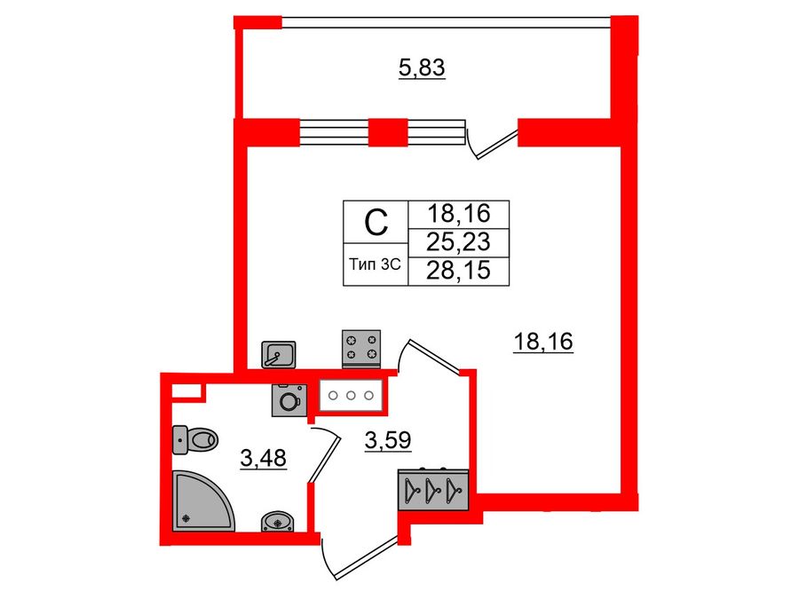 1-комнатная квартира, 25.23 м²; этаж: 9 - купить в Санкт-Петербурге