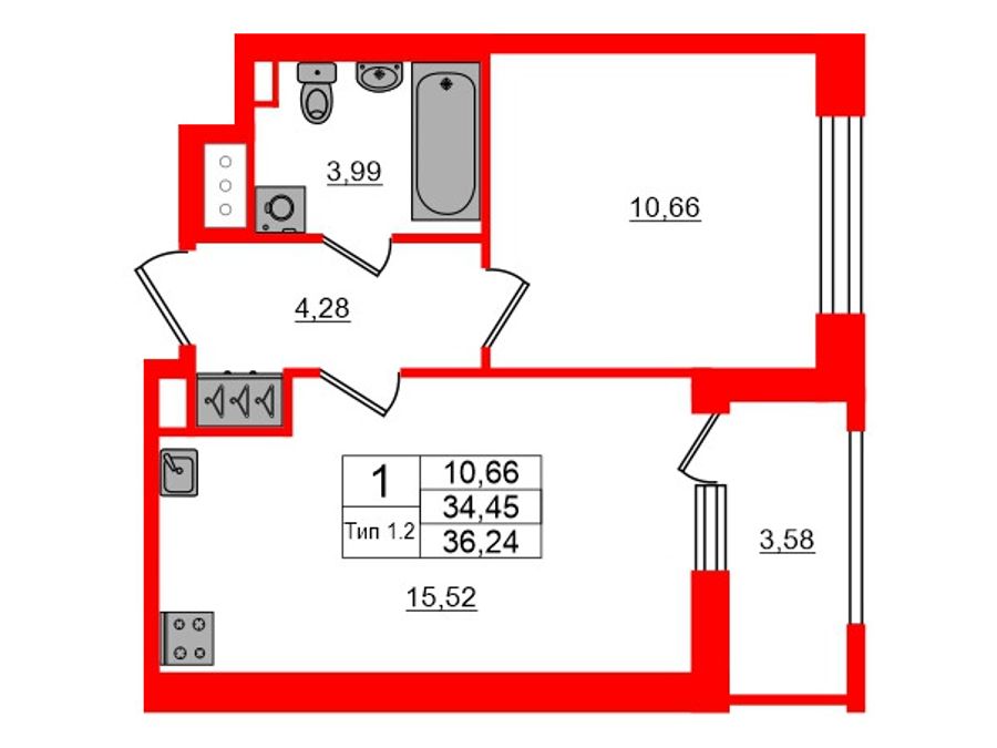 1-комнатная квартира, 34.45 м²; этаж: 16 - купить в Санкт-Петербурге