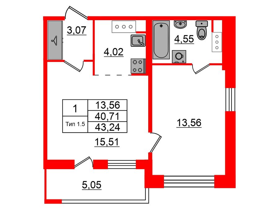 1-комнатная квартира, 40.71 м²; этаж: 9 - купить в Санкт-Петербурге