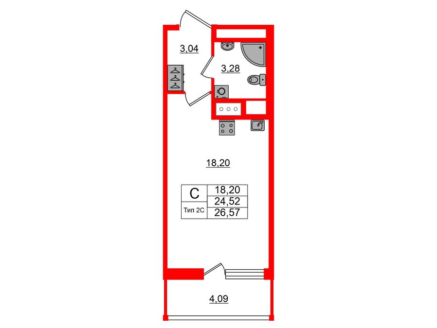 1-комнатная квартира, 24.52 м²; этаж: 14 - купить в Санкт-Петербурге