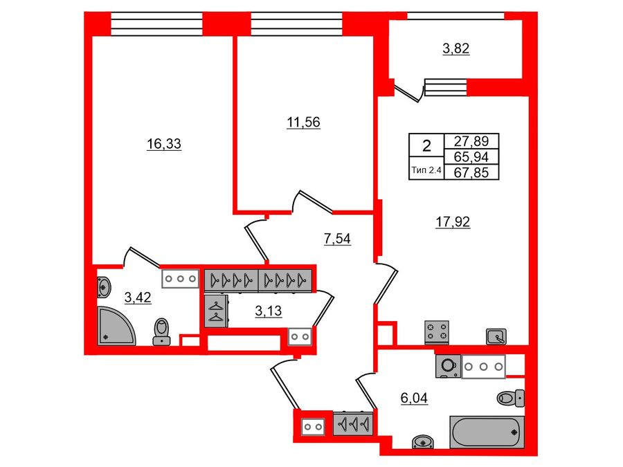 2-комнатная квартира, 65.94 м²; этаж: 9 - купить в Санкт-Петербурге