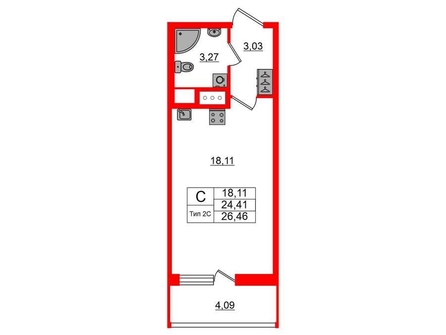 1-комнатная квартира, 24.41 м²; этаж: 12 - купить в Санкт-Петербурге