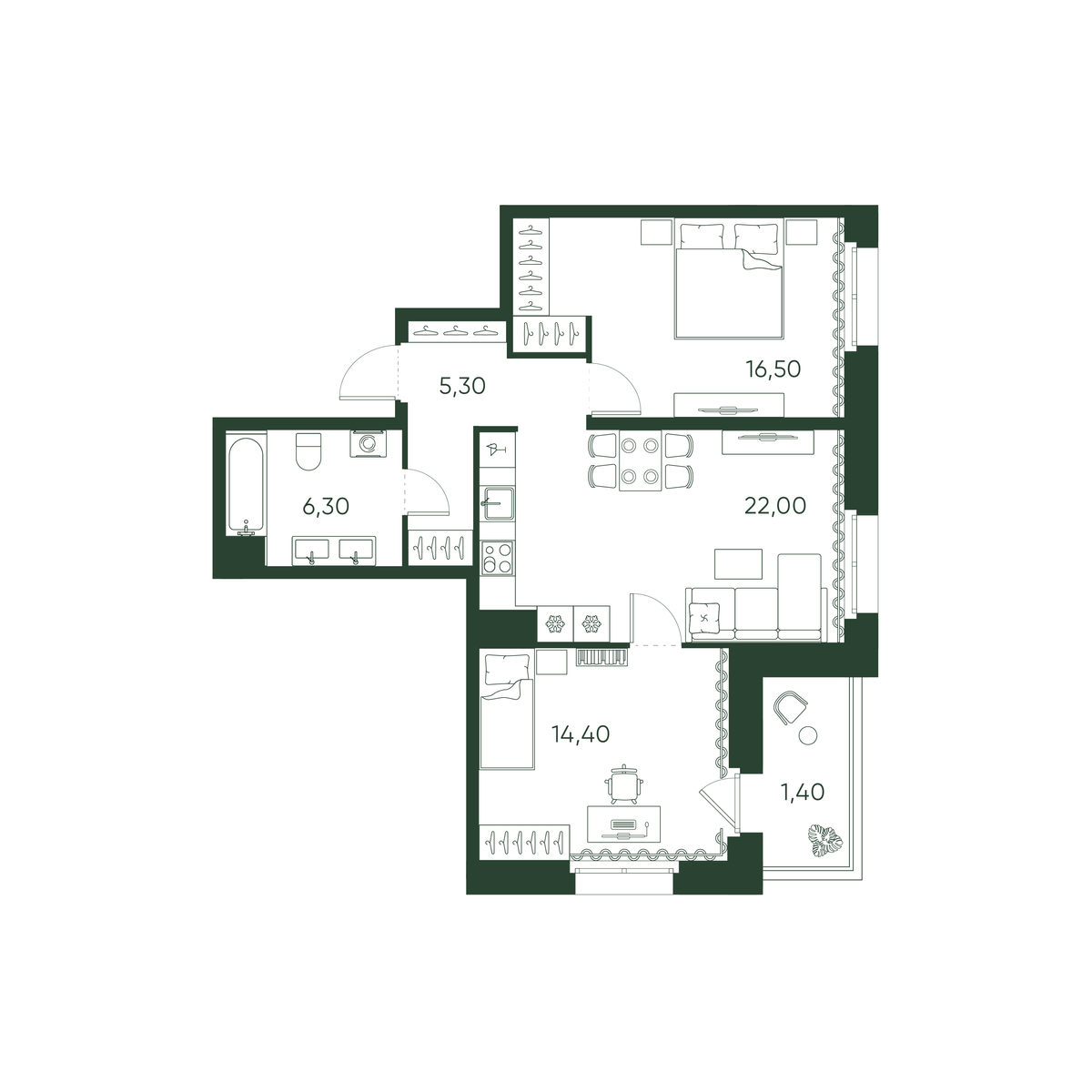 2-комнатная квартира  №103 в Моисеенко, 10: 65.9 м², этаж 5 - купить в Санкт-Петербурге