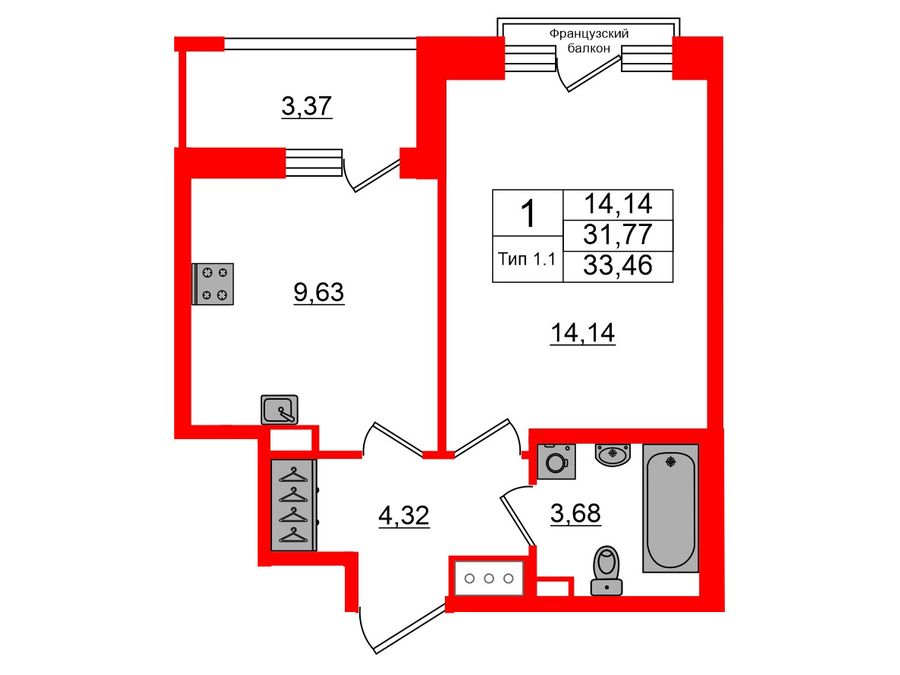 1-комнатная квартира, 31.77 м²; этаж: 16 - купить в Санкт-Петербурге