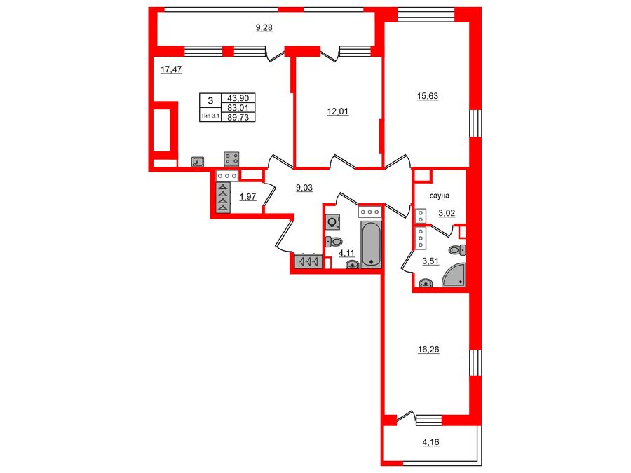 3-комнатная квартира, 83.01 м²; этаж: 13 - купить в Санкт-Петербурге