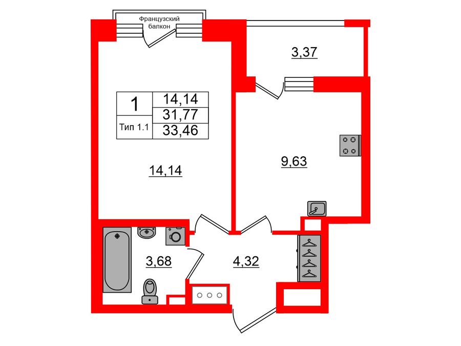 1-комнатная квартира, 31.77 м²; этаж: 12 - купить в Санкт-Петербурге