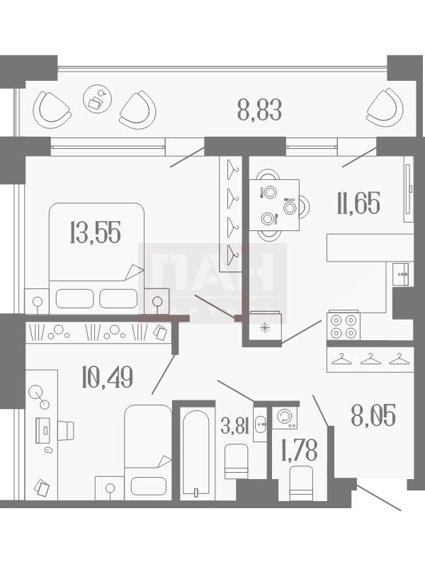 2-комнатная квартира  №19 в Коллекционный дом 1919: 53.75 м², этаж 4 - купить в Санкт-Петербурге
