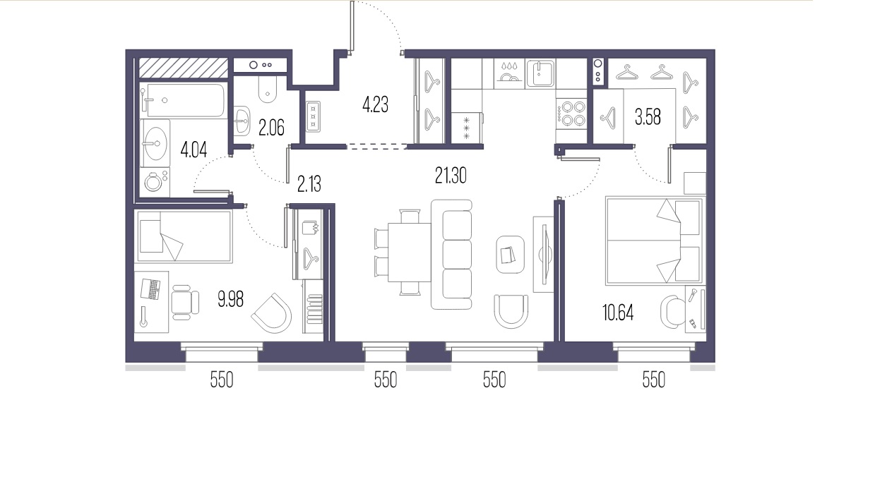 2-комнатная квартира  №262 в Сампсониевский, 32: 57.96 м², этаж 7 - купить в Санкт-Петербурге