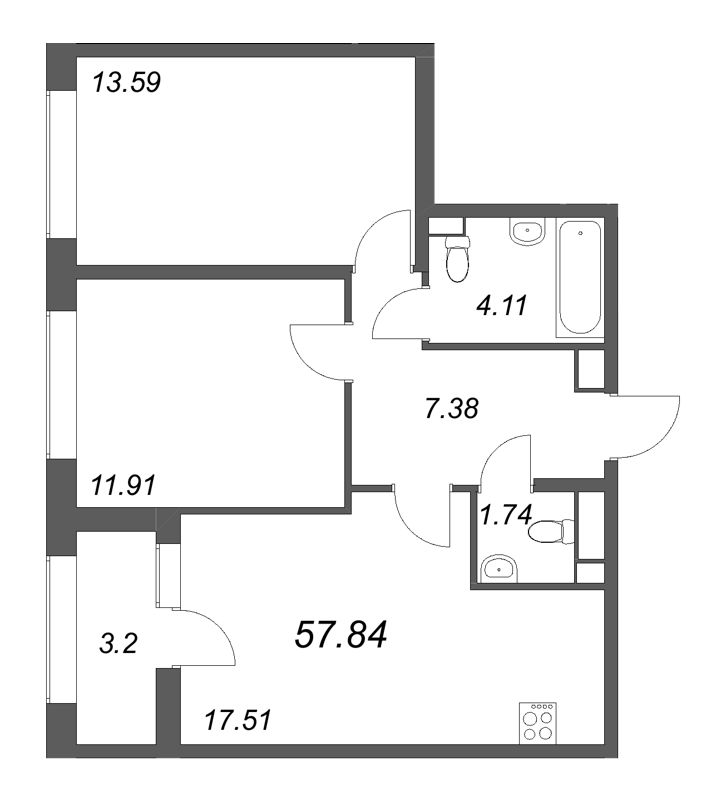 2-комнатная квартира, 57.84 м²; этаж: 14 - купить в Санкт-Петербурге