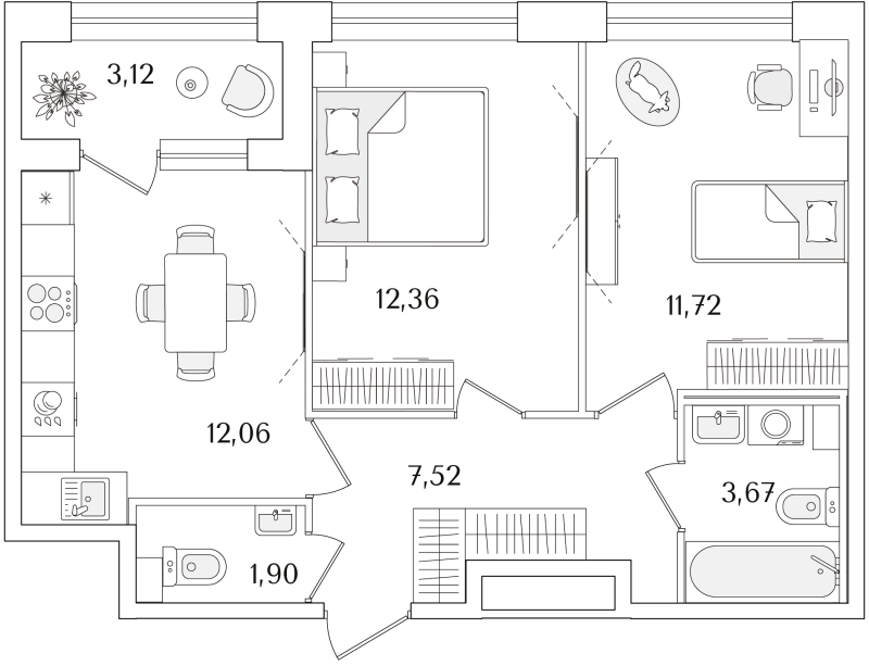2-комнатная квартира, 50.79 м²; этаж: 3 - купить в Санкт-Петербурге