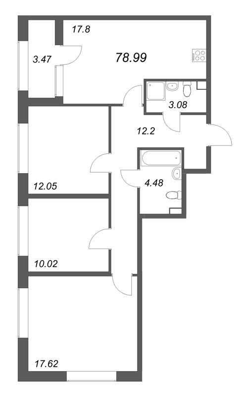 3-комнатная квартира  №339 в Аурум: 78.99 м², этаж 1 - купить в Санкт-Петербурге