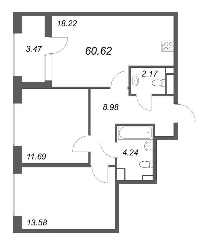 2-комнатная квартира, 60.62 м²; этаж: 14 - купить в Санкт-Петербурге