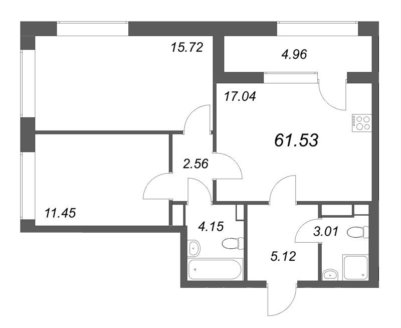 2-комнатная квартира  №123 в Аурум: 61.53 м², этаж 12 - купить в Санкт-Петербурге