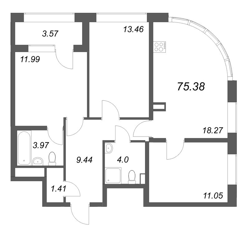 3-комнатная квартира  №3 в Аурум: 75.38 м², этаж 2 - купить в Санкт-Петербурге