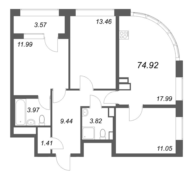 3-комнатная квартира  №47 в Аурум: 74.92 м², этаж 6 - купить в Санкт-Петербурге