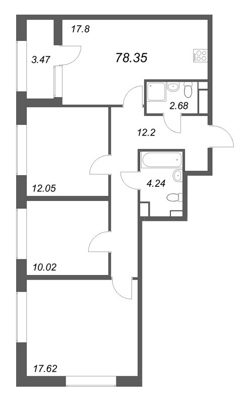 3-комнатная квартира  №363 в Аурум: 78.35 м², этаж 3 - купить в Санкт-Петербурге