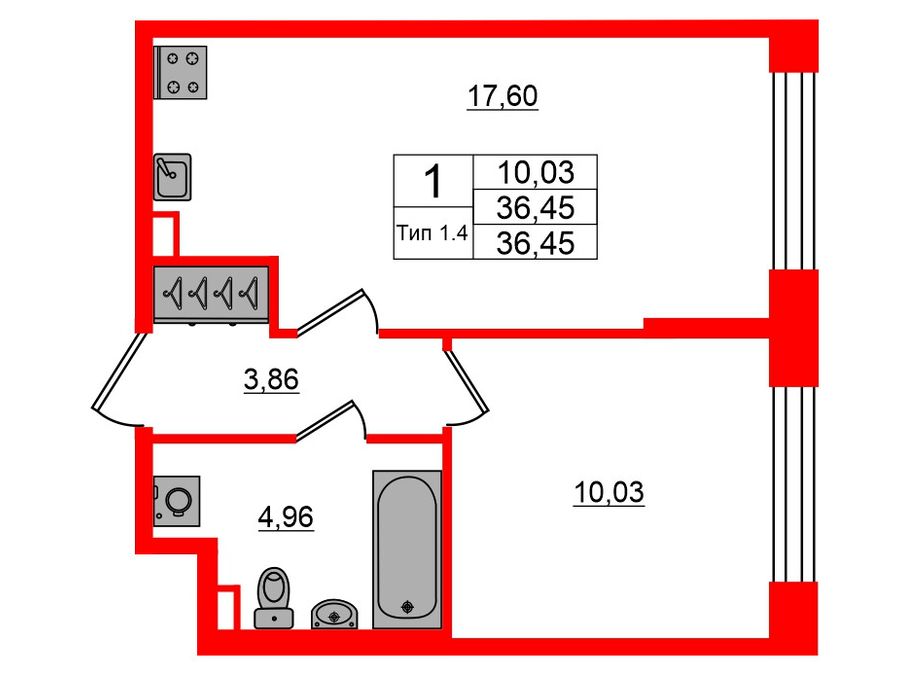 1-комнатная квартира, 36.45 м²; этаж: 1 - купить в Санкт-Петербурге