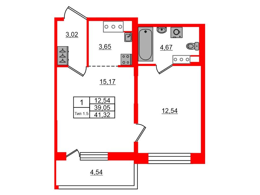 1-комнатная квартира № в: Setl Ривьера: 39.05 м²; этаж: 12 - купить в Санкт-Петербурге
