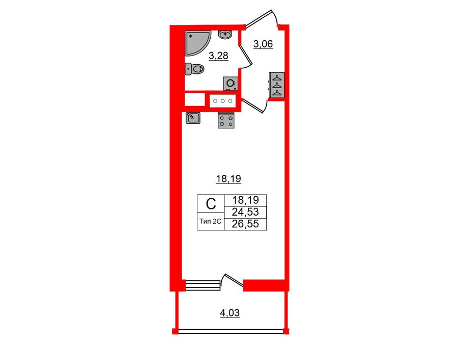 1-комнатная квартира, 24.53 м²; этаж: 17 - купить в Санкт-Петербурге