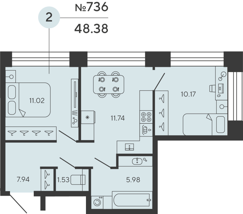 2-комнатная квартира, 48.38 м²; этаж: 3 - купить в Санкт-Петербурге