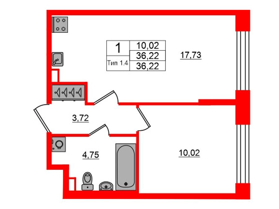 1-комнатная квартира, 36.22 м²; этаж: 1 - купить в Санкт-Петербурге