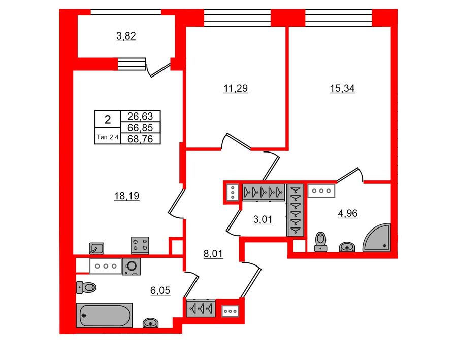 2-комнатная квартира № в: Setl Ривьера: 66.85 м²; этаж: 11 - купить в Санкт-Петербурге