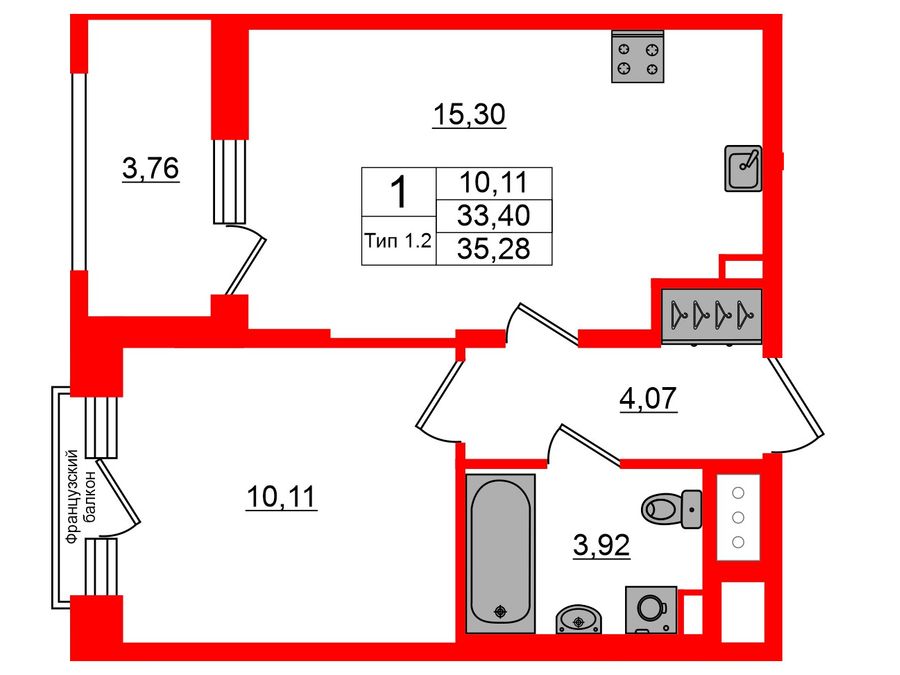 1-комнатная квартира № в: Setl Ривьера: 33.4 м²; этаж: 3 - купить в Санкт-Петербурге