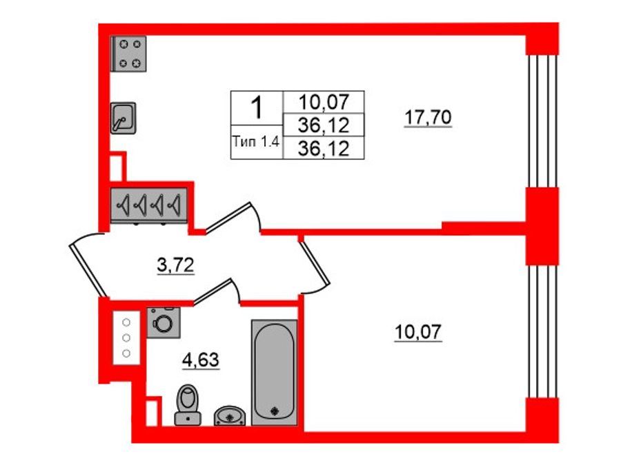 1-комнатная квартира, 36.12 м²; этаж: 1 - купить в Санкт-Петербурге