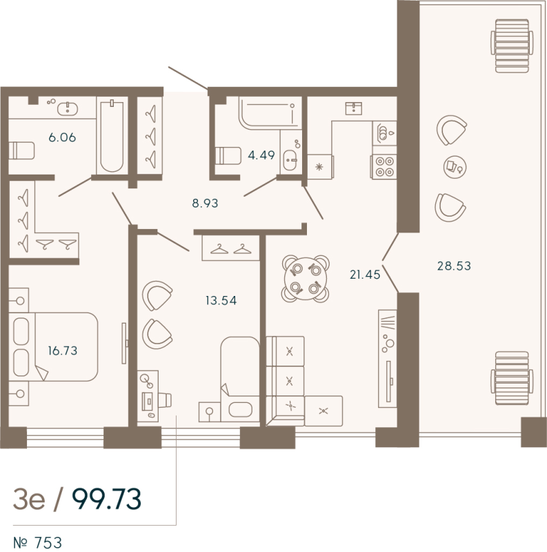 2-комнатная квартира  №753 в 17/33 Петровский остров: 99.73 м², этаж 6 - купить в Санкт-Петербурге