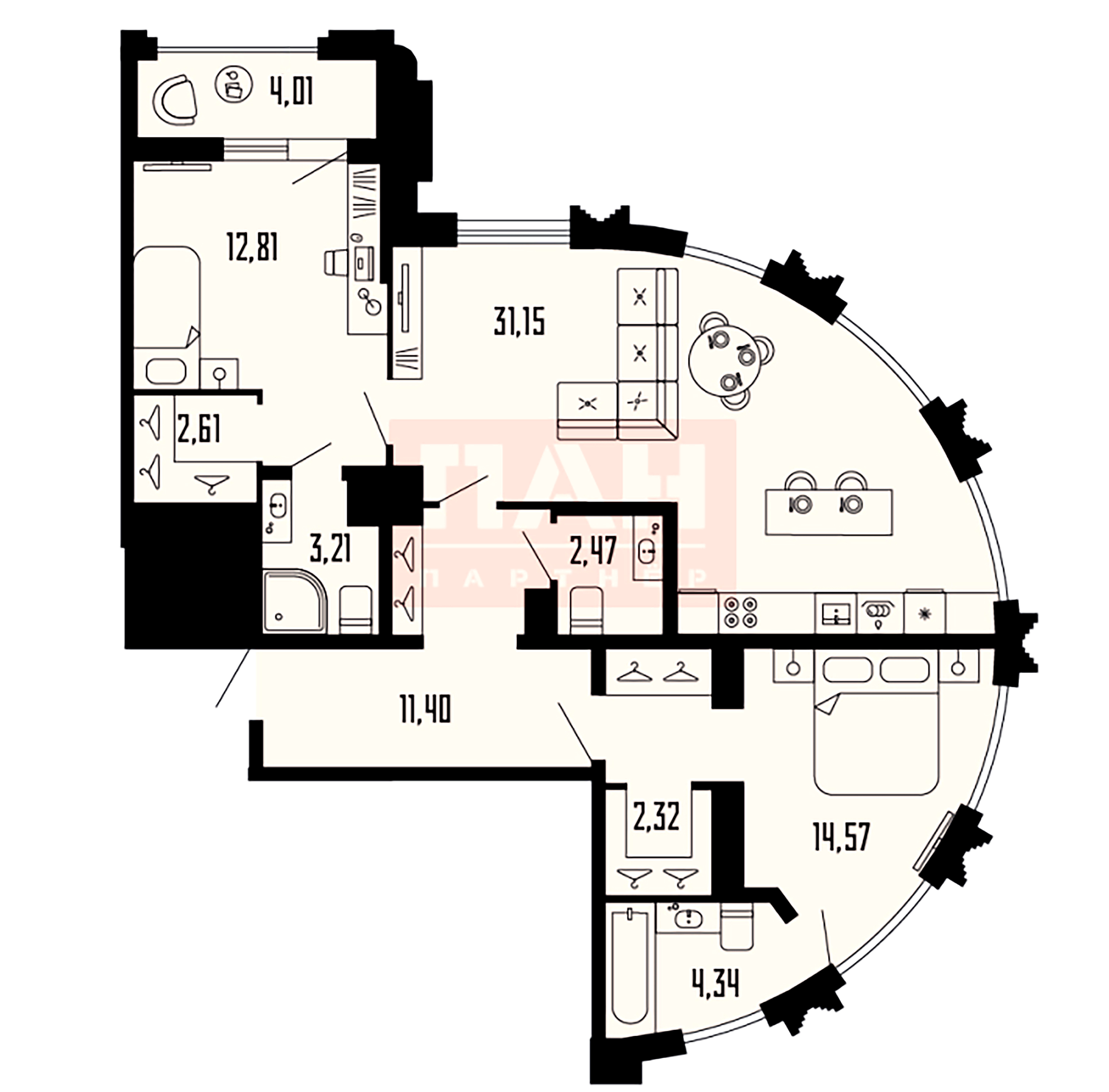 2-комнатная квартира №39 в: «Шепилевский»: 86.89 м²; этаж: 20 - купить в Санкт-Петербурге