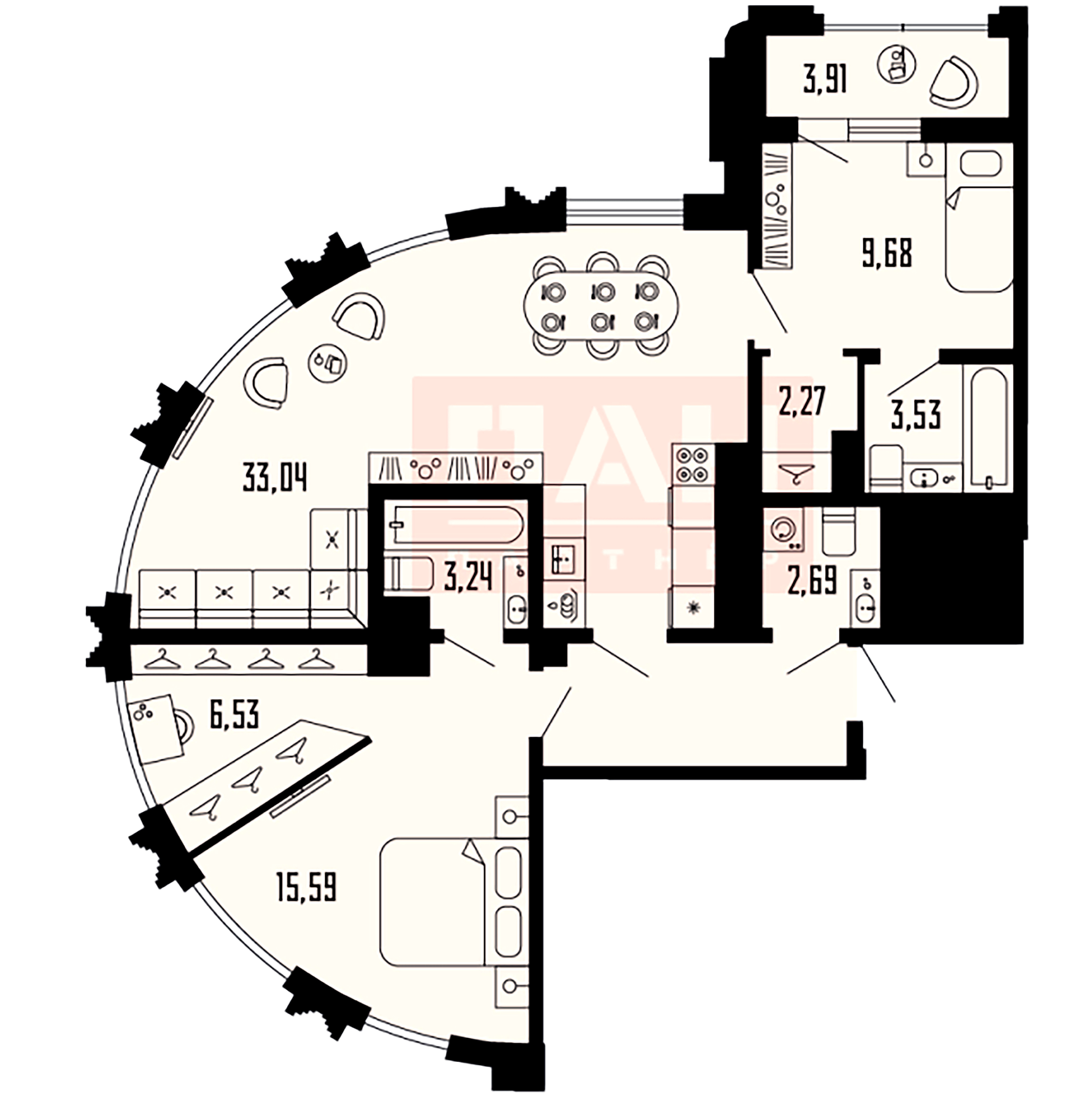 2-комнатная квартира №39 в: «Шепилевский»: 85.29 м²; этаж: 20 - купить в Санкт-Петербурге