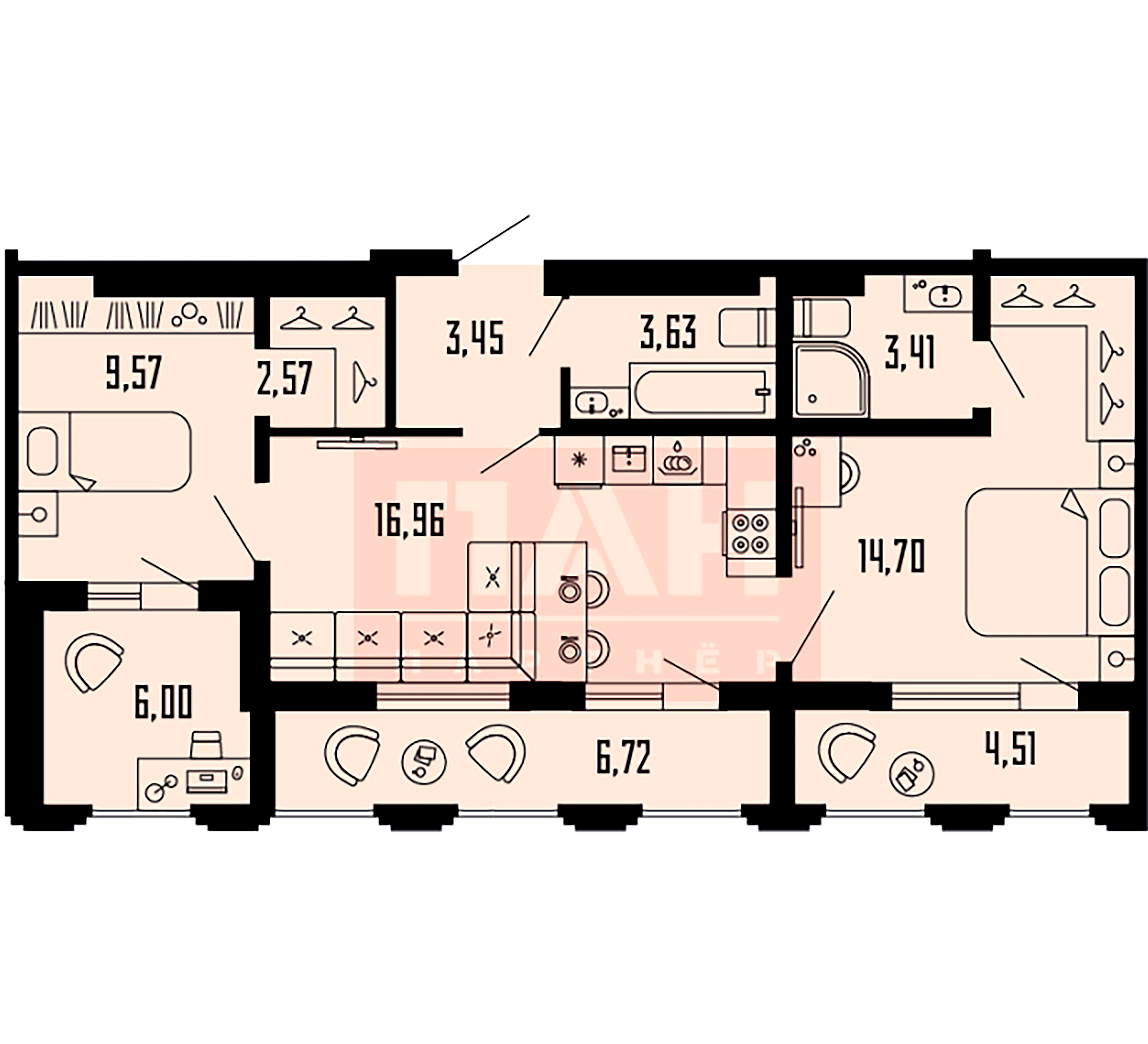 2-комнатная квартира №39 в: «Шепилевский»: 62.91 м²; этаж: 20 - купить в Санкт-Петербурге